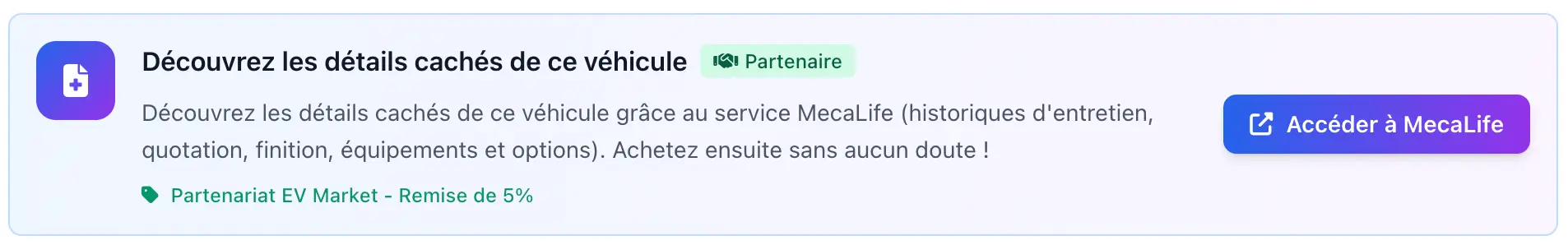 Intégration MecaLIFE dans les annonces EV Market
